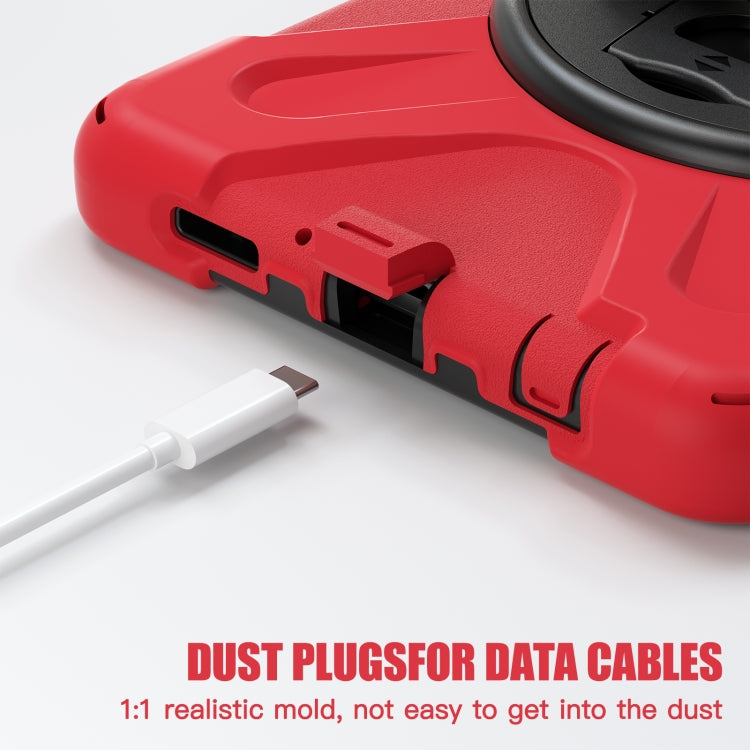 Samsung Galaxy Tab A9+ case featuring a rotary handle, pen slot, and shoulder strap, made from durable TPU and PC materials.